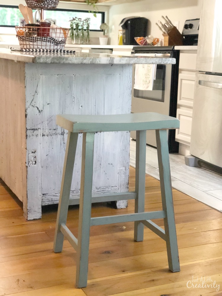 duck egg blue farm style stool after makeover